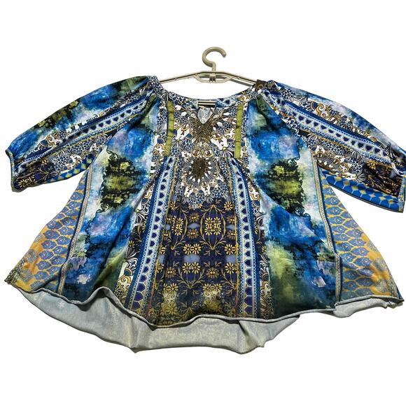 Y2K Top One World Boho Fairycore Grunge Peasant Blouse Blue Green Hippie Size S - Picture 2 of 9